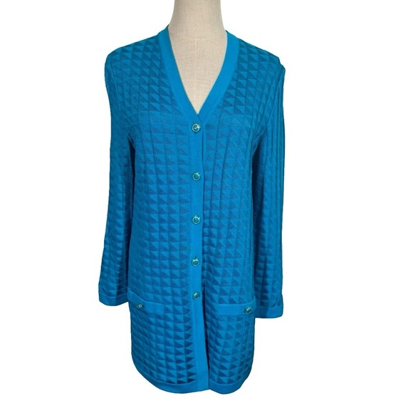St. John Collection Textured Triangle Long Cardigan Sweater Jacket in Turquoise - Picture 1 of 7